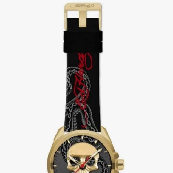 ED HARDY GOTH GOLD SKULL MULTICOLOR PRINT SILICONE STRAP MEN'S WATCH**NEW! - Picture 6 of 9
